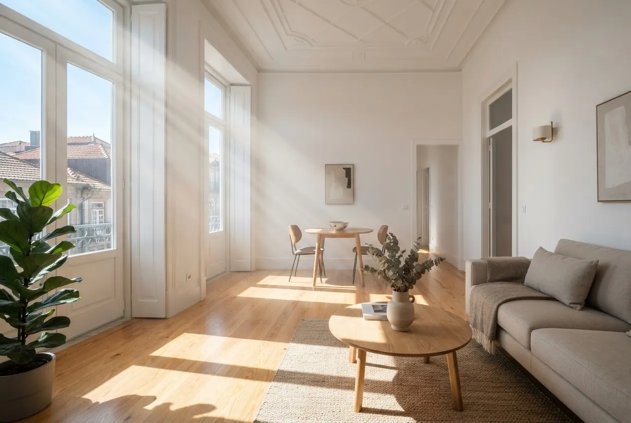 Interior luminoso de um apartamento no Porto com raios de sol sobre chão de madeira limpo