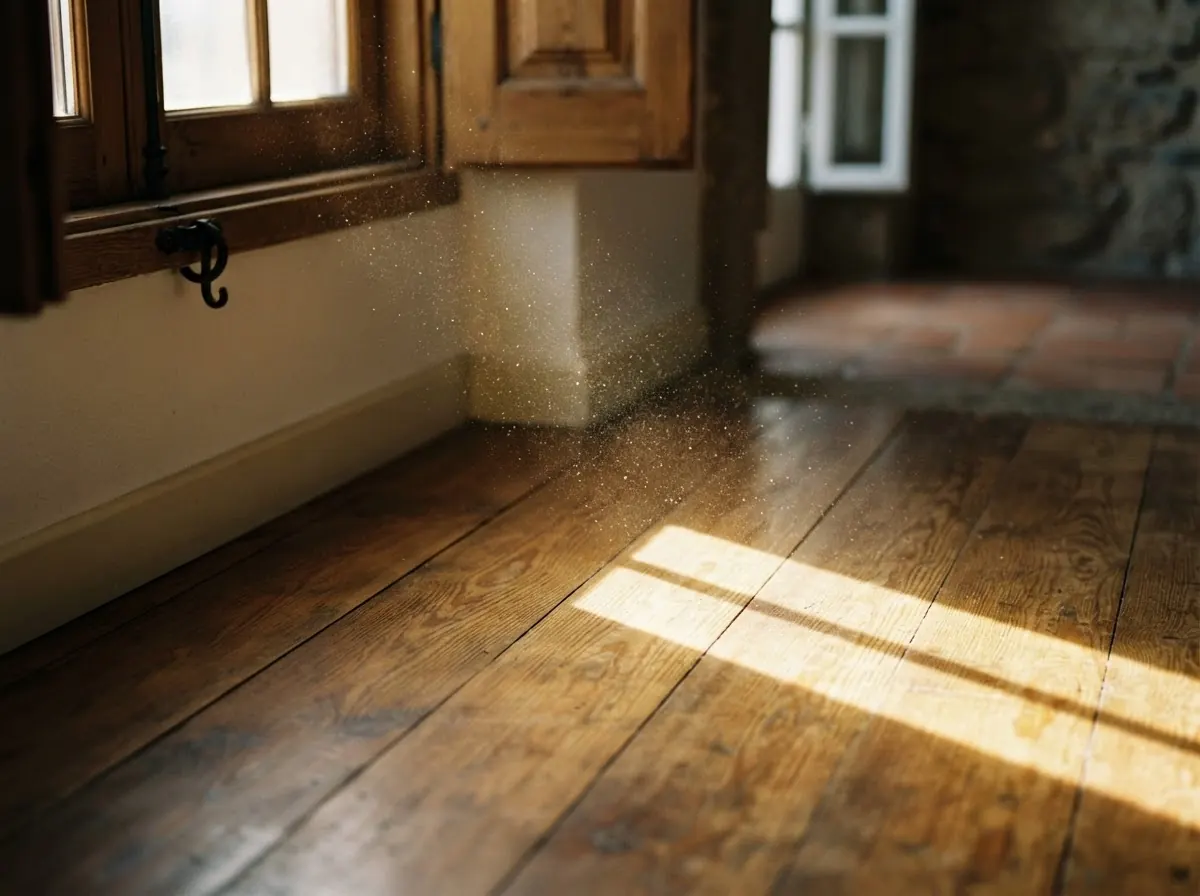 Detalhe de luz solar sobre superfície de madeira limpa num apartamento do Porto